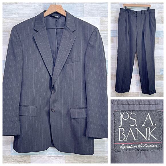 Jos A Bank Wool Stripe 2 Piece Suit Gray Two Button Mens 41R 35x31 Pleated Pants - Picture 1 of 13